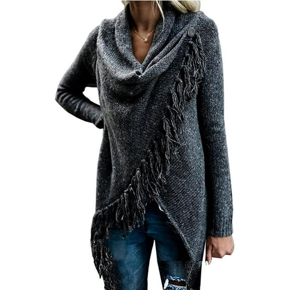 Women's Open Front Knited Tassels Slash Loose Cardigan Crew Neck Speckled Fringe Sweater Outwear