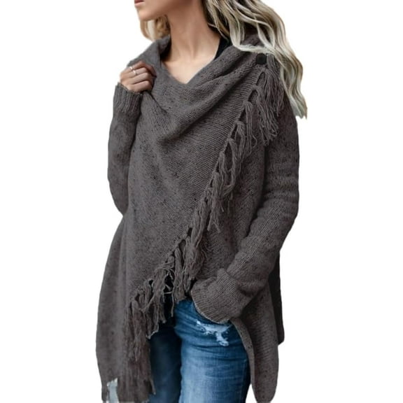Women's Open Front Knited Tassels Slash Loose Cardigan Crew Neck Speckled Fringe Sweater Outwear