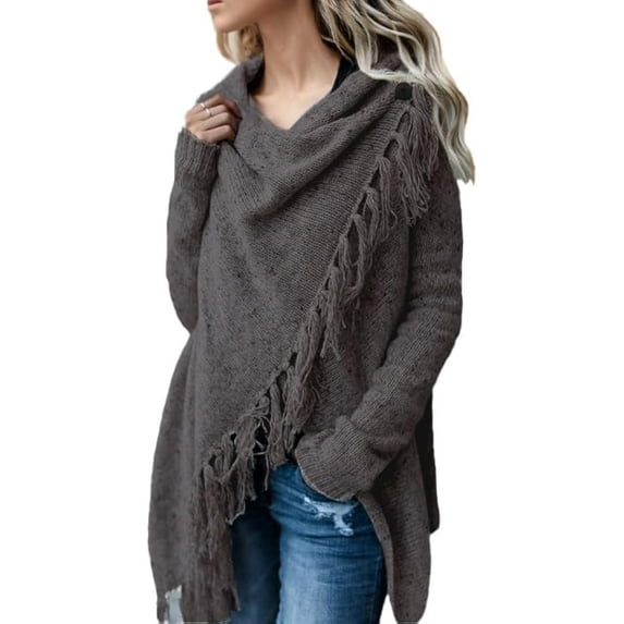 Women's Open Front Knited Tassels Slash Loose Cardigan Crew Neck Speckled Fringe Sweater Outwear