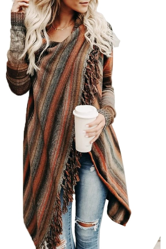 Women's Open Front Knited Tassels Slash Loose Cardigan Crew Neck Speckled Fringe Sweater Outwear