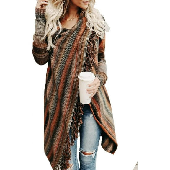 Women's Open Front Knited Tassels Slash Loose Cardigan Crew Neck Speckled Fringe Sweater Outwear