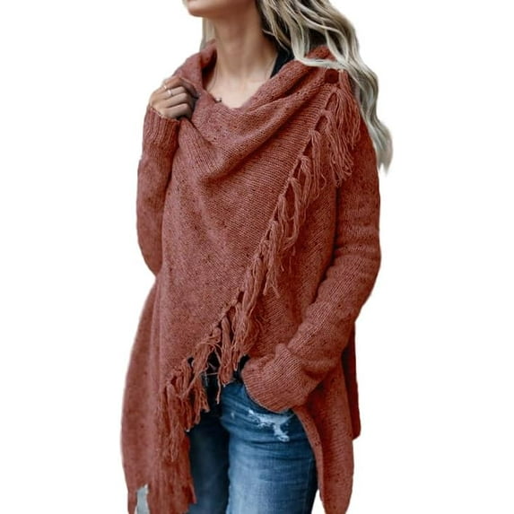 Women's Open Front Knited Tassels Slash Loose Cardigan Crew Neck Speckled Fringe Sweater Outwear
