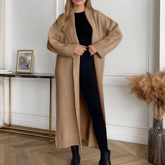 Women's Open Front Long Cardigan Sweaters (Khaki L)