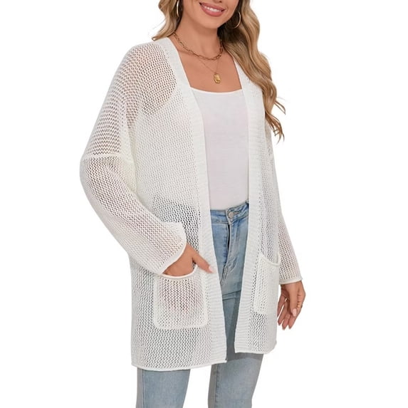 Women's Open-Front Long Sleeve Mesh Knit Cardigan with Pockets