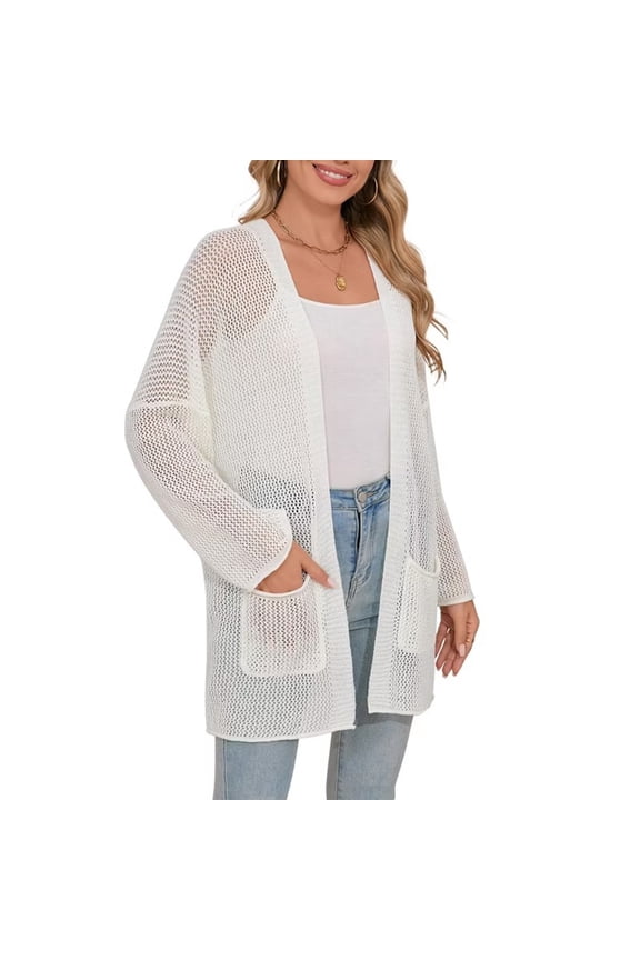 Women's Open-Front Long Sleeve Mesh Knit Cardigan with Pockets