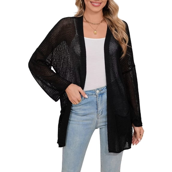 Women's Open-Front Long Sleeve Mesh Knit Cardigan with Pockets