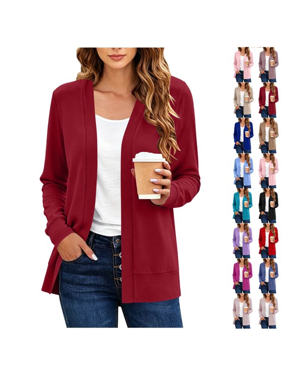Women's Open Front No Button Long Sleeve Ribbed Cuff Mid Length Casual Knit Cardigan with Side Pockets,Red,Women's Plus Size XXL