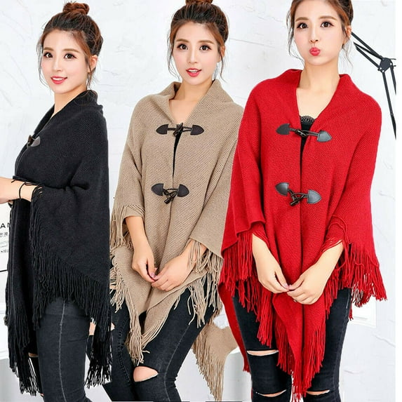 Women's Open Front Oversized Knitted Shawl Wrap Cape Sweater Tassel Poncho Cloak Hood Sweaters Knit Batwing Top Shirts