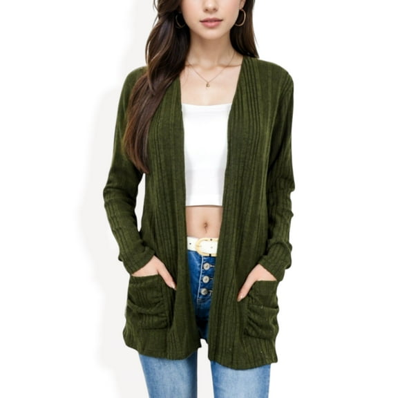 Women's Open Front Ribbed Cardigan with Long Sleeves and Front Pockets - Large, Green