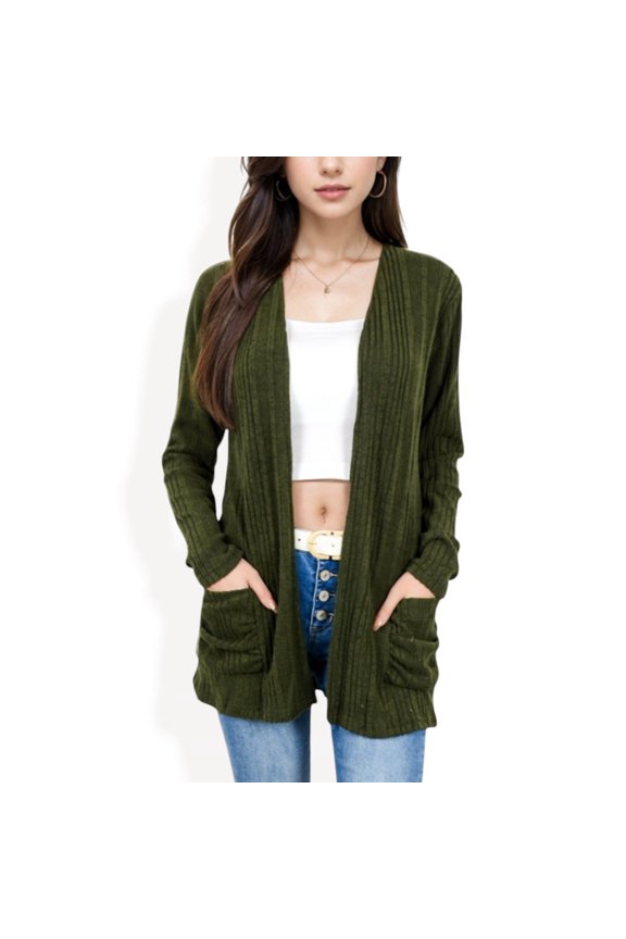 Women's Open Front Ribbed Cardigan with Long Sleeves and Front Pockets - Large, Green