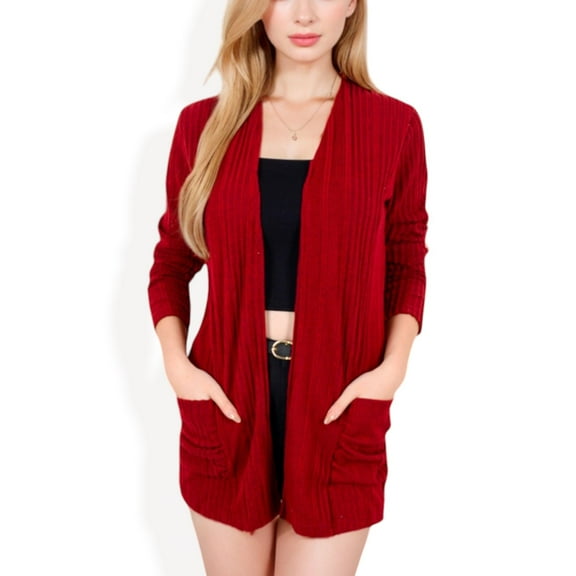 Women's Open Front Ribbed Cardigan with Long Sleeves and Front Pockets - Large, Red