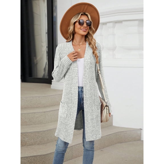Women's Open Front Ribbed Knit Cardigan with Front Pockets - Medium, Gray