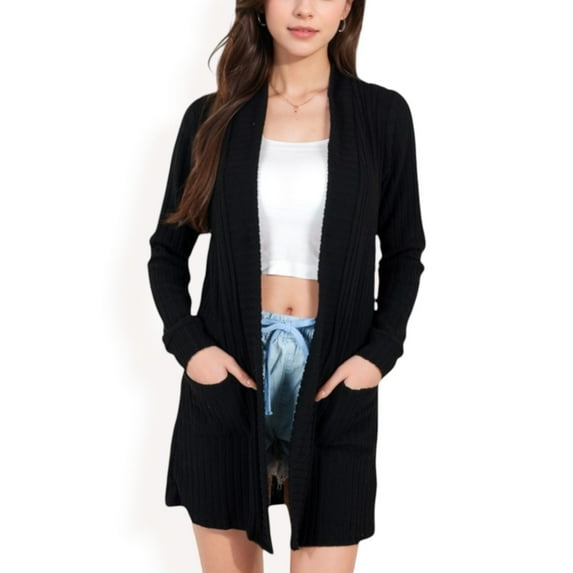 Women's Open Front Ribbed Knit Cardigan with Front Pockets - Small, Black