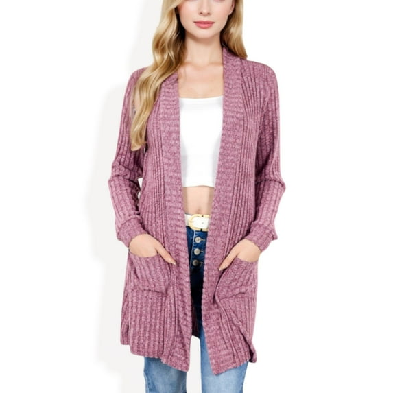 Women's Open Front Ribbed Knit Cardigan with Front Pockets - Small, Mauve Pink