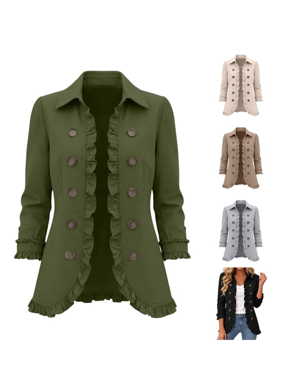 Women's Open-Front Ruffle Peplum Lapel Long-Sleeve Jacket Coat