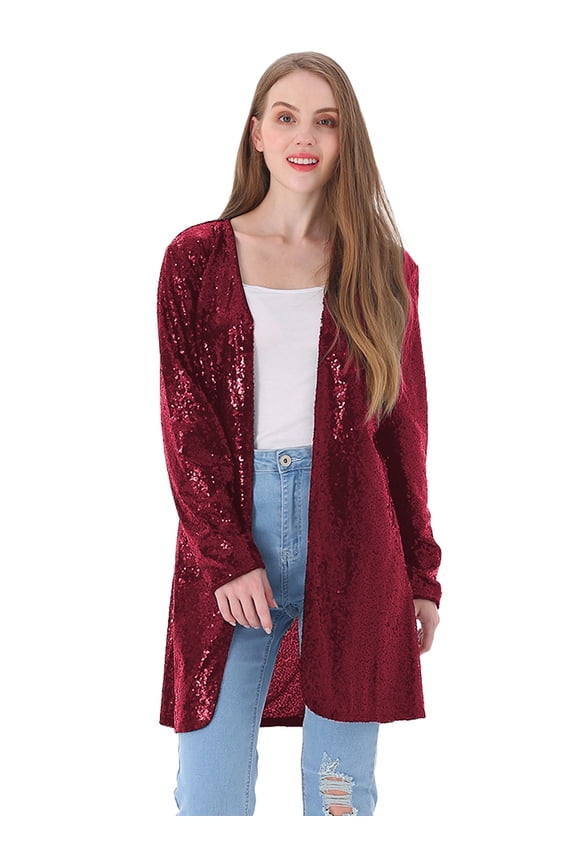 Women's Open Front Sequin Coat Las Vegas Blazer Party Club Cocktail Jacket Outerwear, Burgundy, Small