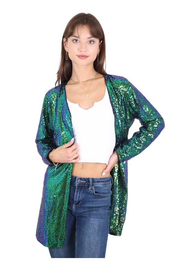 Women's Open Front Sequin Coat Las Vegas Blazer Party Club Cocktail Jacket Outerwear, Mermaid,Medium