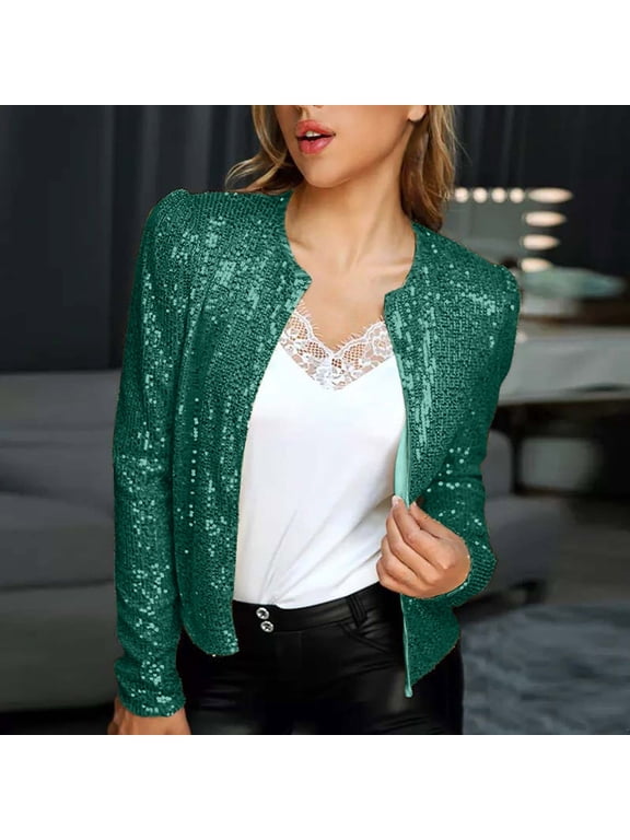 Women's Open Front Sequin Jacket – Long Sleeve Short Blazer Coat for Evening Parties, Night Out, or Dance Performance