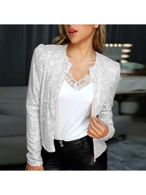 Women's Open Front Sequin Jacket - Long Sleeve Short Blazer Coat for Night Out or Wedding Guest