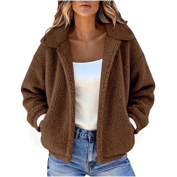 Women's Open Front Sherpa Fleece Jacket, Casual Lapel Teddy Coat With Pockets Simple and Comfortable for Any Season