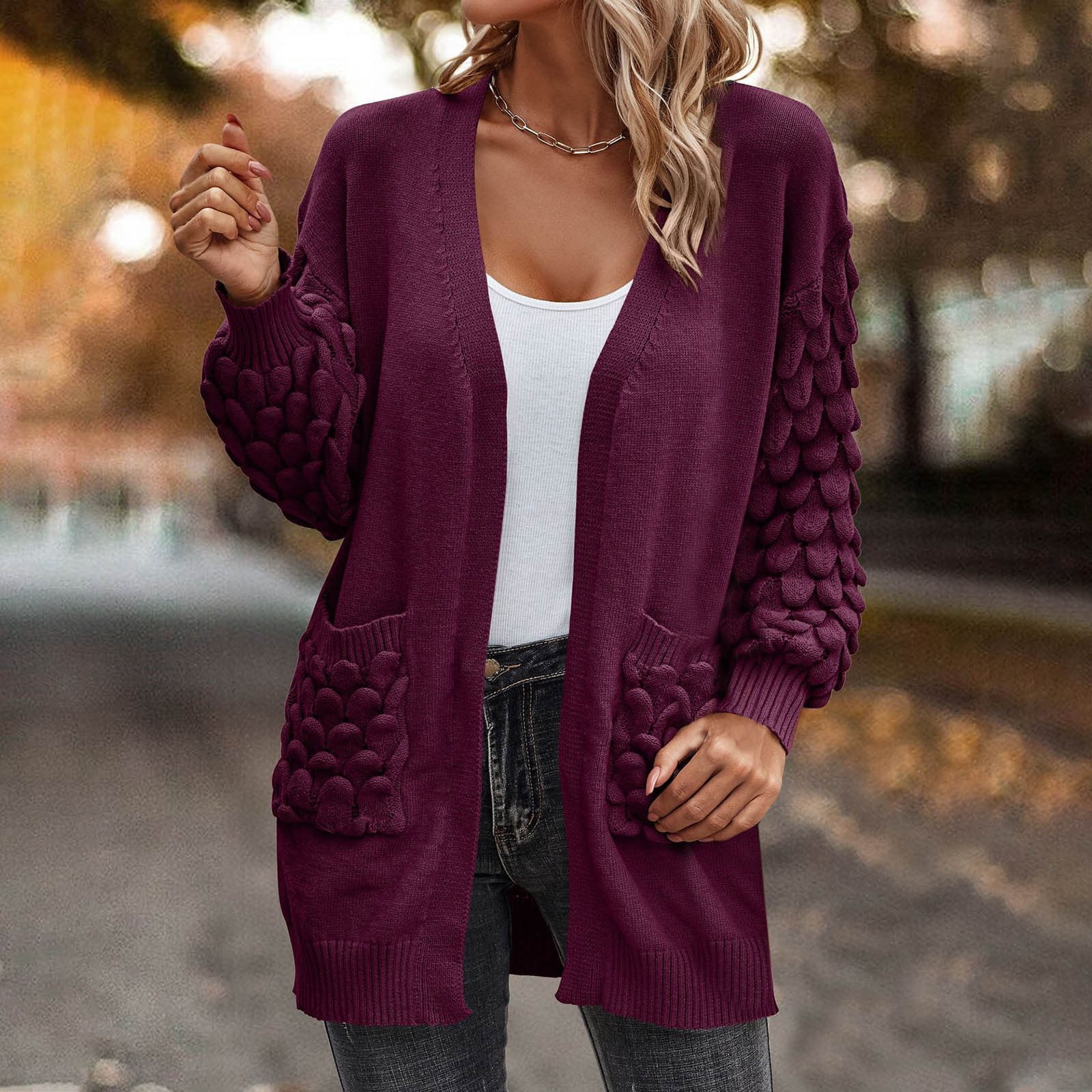 Women's Open Front Sweater Long Sleeve Knit Plaid Cardigan