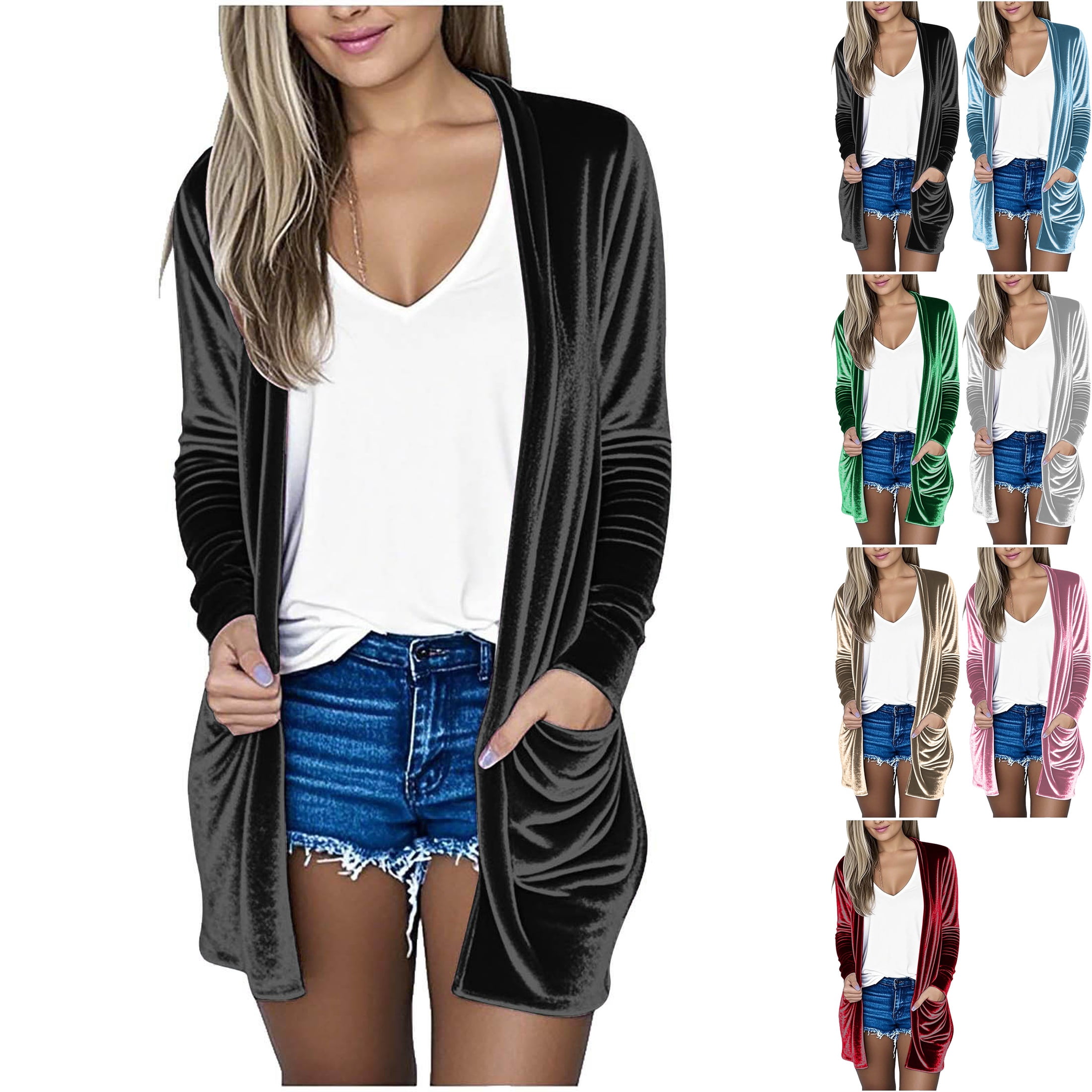Open Wear Women's Open Front Velvet Cardigan Sweaters Lightweight Long Sleeve ...