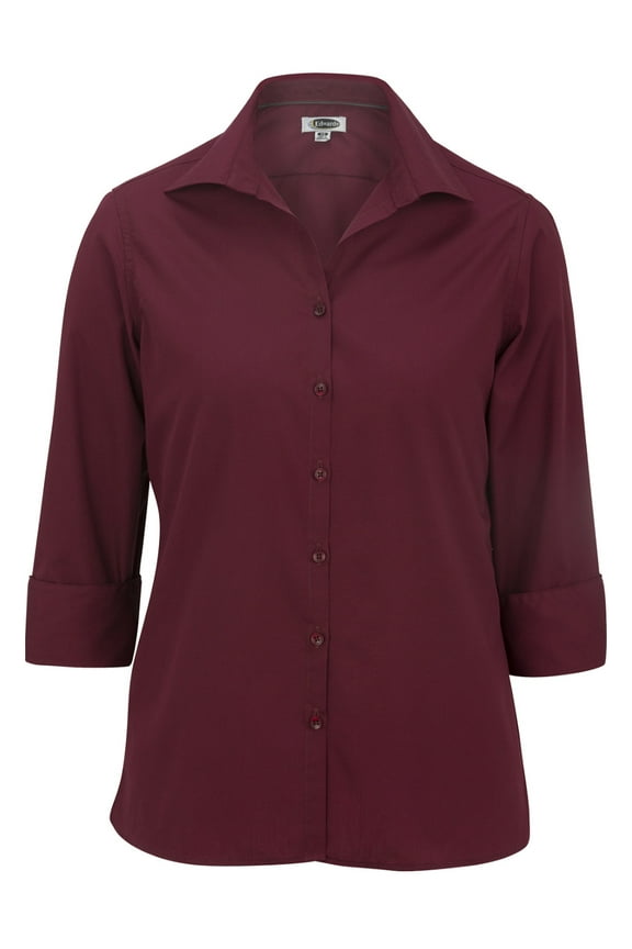 Women's Open Neck Poplin 3/4 Sleeve Blouse , 5040 , BURGUNDY , XXX-Large