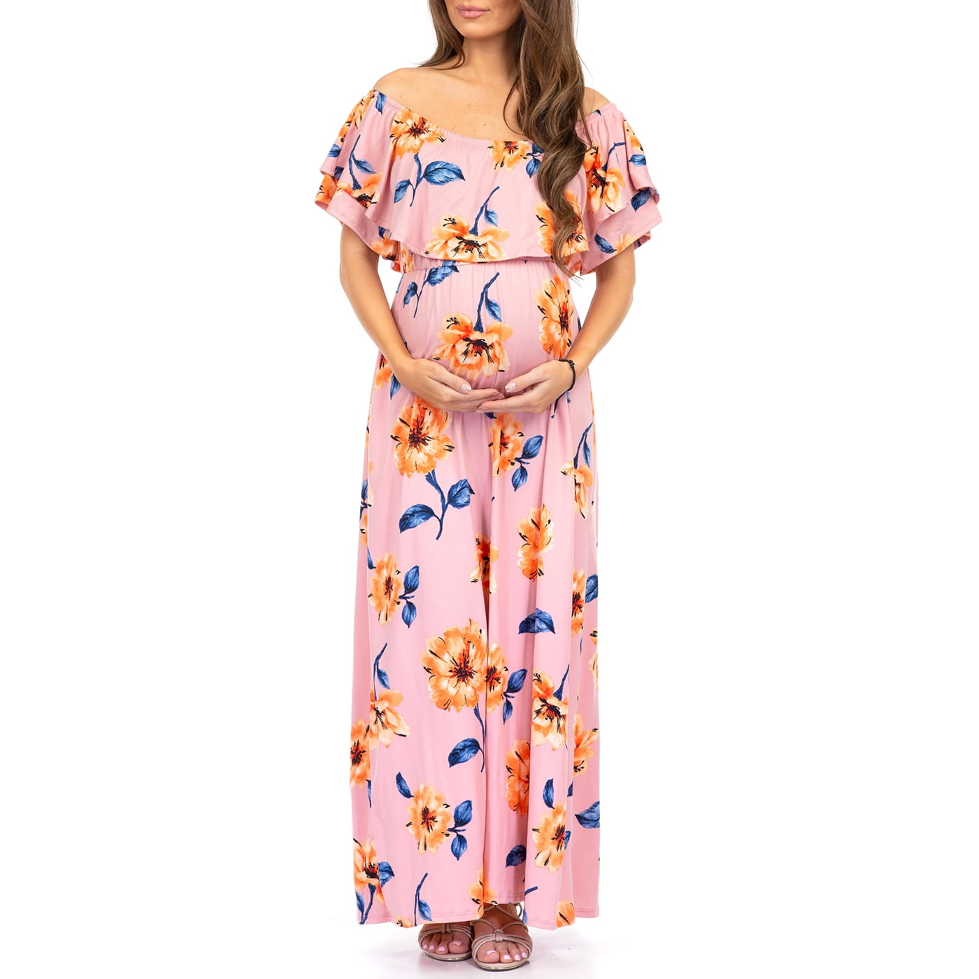 Women s Open Shoulder Maternity Dress with Ruffles Walmart