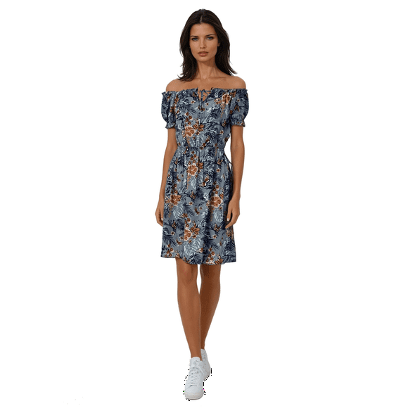 Women's Open Shoulder Short Sleeve Keyhole Neckline Floral Summer Dress, Blue, Small