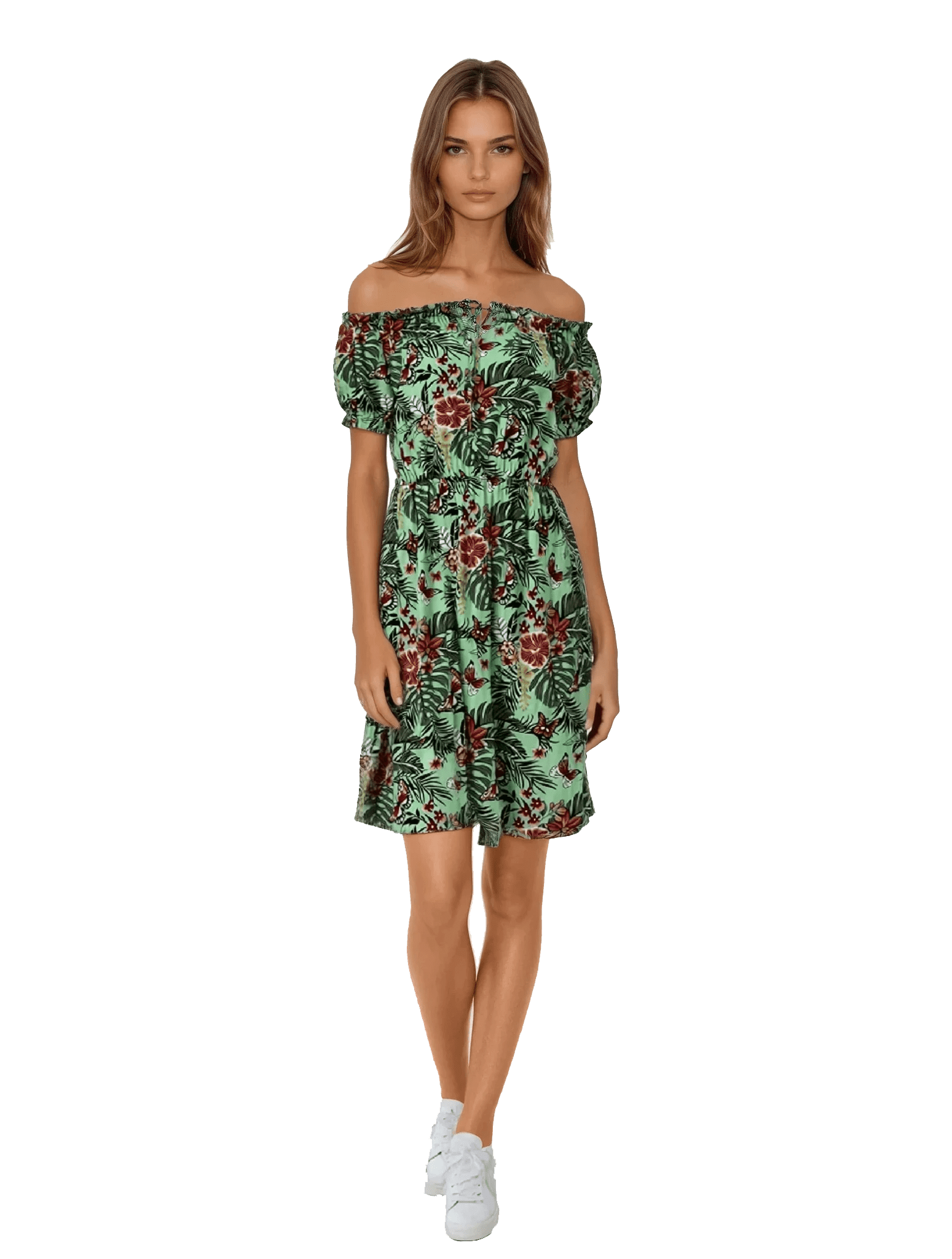 Women's Open Shoulder Short Sleeve Keyhole Neckline Floral Summer Dress,  Green, Small - Walmart.com
