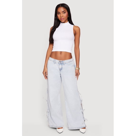 Women's Open Side Tie Wide Leg Jeans