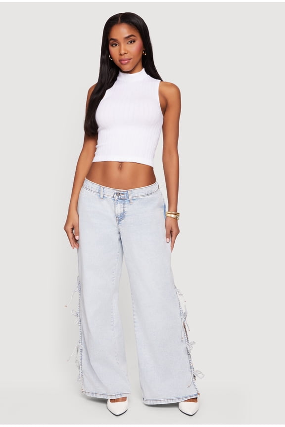 Women's Open Side Tie Wide Leg Jeans