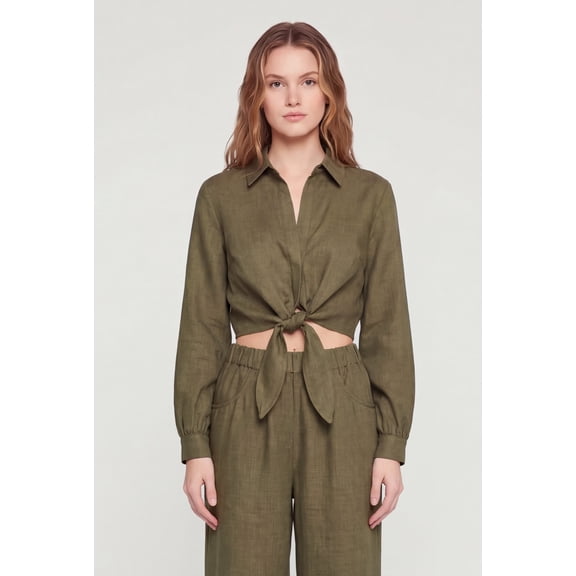 Women's Open Tie Front Long Sleeve Crop Top