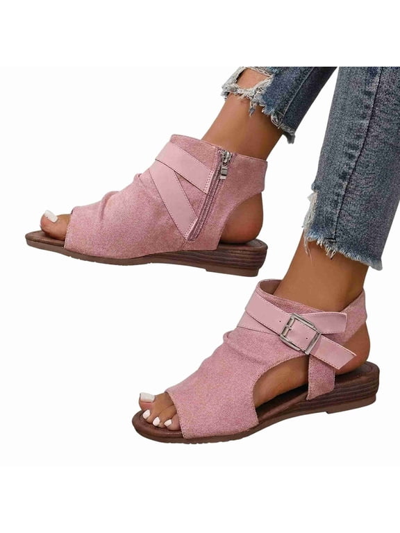 Women's Open Toe Ankle Booties Sandals with Side Zipper & Buckle Strap, Suede-Like Finish, Low Wedge Sole, Casual Summer Footwear (Available in Pink, Beige, Black)