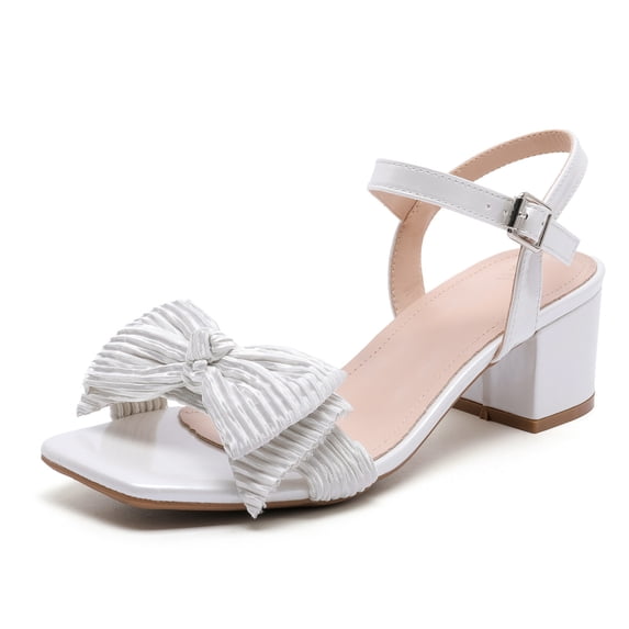 Women's Open Toe Ankle Strap Low Block Chunky Bow Heels Sandals White Size 9