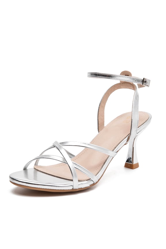 Women's Open Toe Ankle Strap Low Block Chunky Heels Sandals Silver Size 8