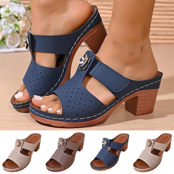 Women's Open Toe Block Heel Slide Sandals, Casual Wide Width Breathable Mules for Summer Spring, Comfortable Faux Leather Dress Shoes with Floral Detail, Non-Slip Sole for All-Day Support