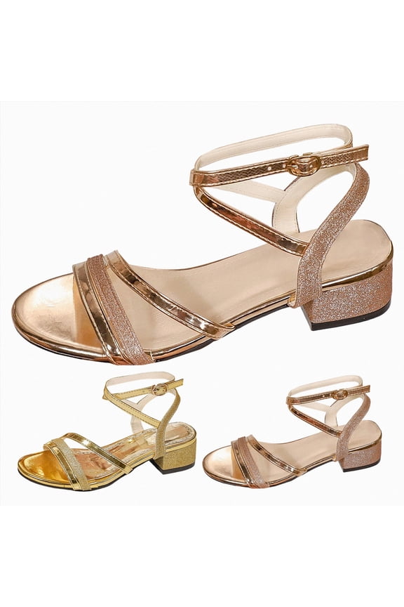 Women’s Open Toe Chunky Heels Slingback Strappy Heeled Sandals with Adjustable Buckle Strap Party Prom Sexy Dressy Shoes Gold Size 6.5