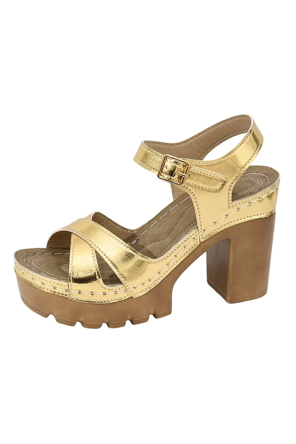 Women's Open Toe Chunky High Heels Ankle Strap Platform Pump Shoes Buckle Party Sandals Gold 7(39)