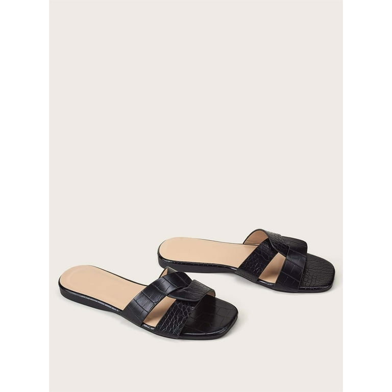 Women's Embossed Open Toe Flat Slide Sandals Casual Summer Fashion Walking  Slippers Shoes Black EUR39(8) 