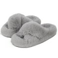 thumbnail image 1 of Women's Open Toe Cross Band Indoor Outdoor Non-Slip House Shoes, Faux Fur Fashion Cute Soft Fluffy Bedroom Slippers/Gray, 1 of 8