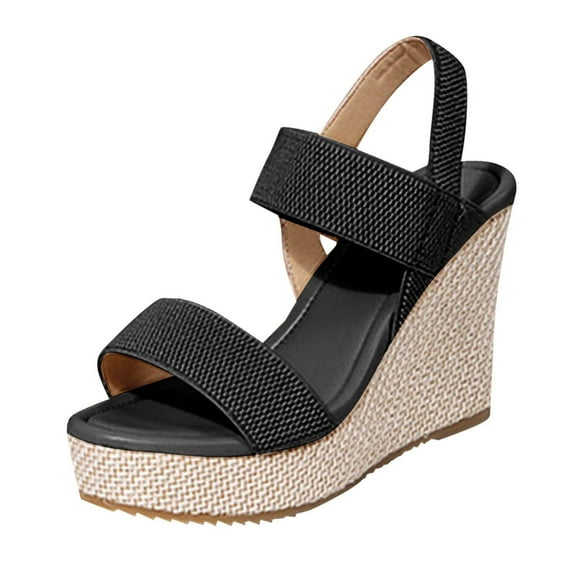 Women's Open Toe Espadrilles Wedge Sandal Slip On Elastic Ankle Strap Platform Sandals Dressy Comfortable Wedges Shoe Black Women Sandal