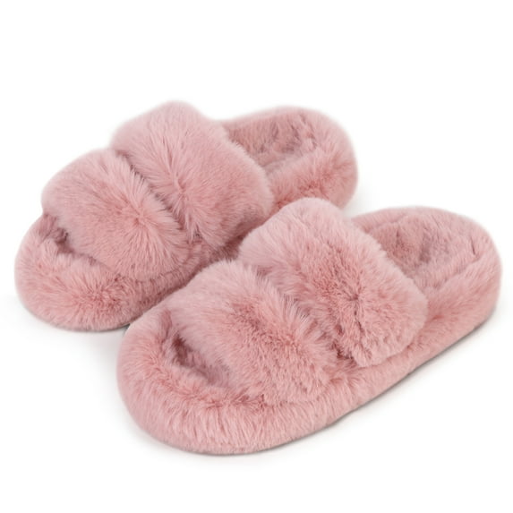 Women's Open Toe Fashion Double Strap Fuzzy Slippers,Soft and Cute Fluffy Faux Plush Indoor Outdoor Slip On Bedroom House Shoes/Pink