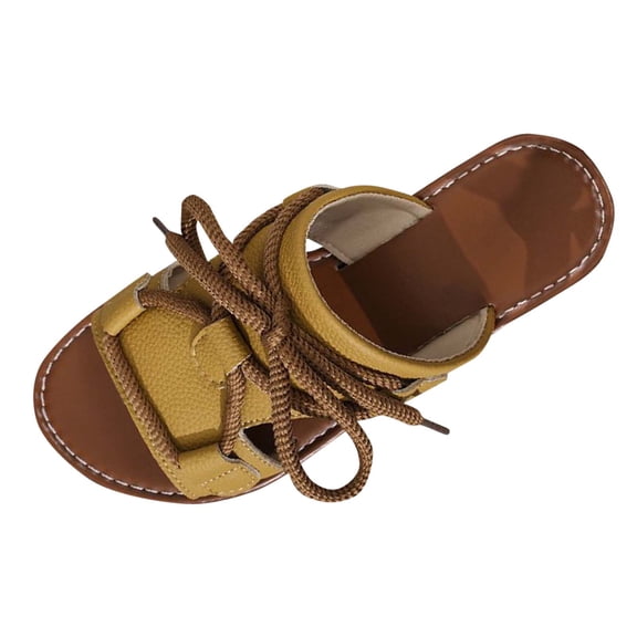 Women's Open Toe Flat Leather Strap Slides Sandals,Fashion Slip On Beach Comfort Non-Slip Sandals Summer Slippers Yellow Women Sandal