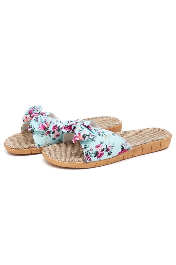 Women's Open Toe Flat Sandals Bow Knot Slides Straw Slip On Slippers Boho Summer Beach Sandals
