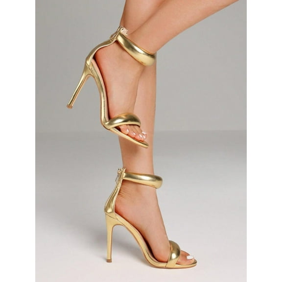 Women's Open Toe Gold Stiletto Party Prom Sandals Strap Ankle Back Zip High Heel Dress Sandals