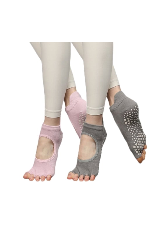 Women's Open-Toe Grip Socks for Yoga and Pilates with Non-Slip Soles and Arch Support - Gray Pink