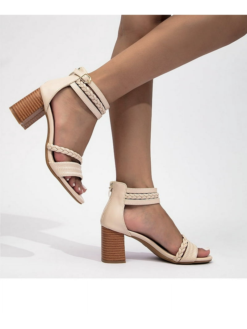 Women's Open Toe High Heel Braided Ankle Strap Round Toe Solid