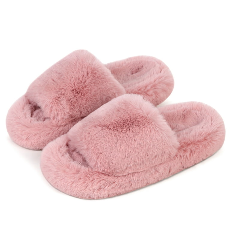Women's Open Toe House Slippers,Soft and Cute Fluffy Faux Plush