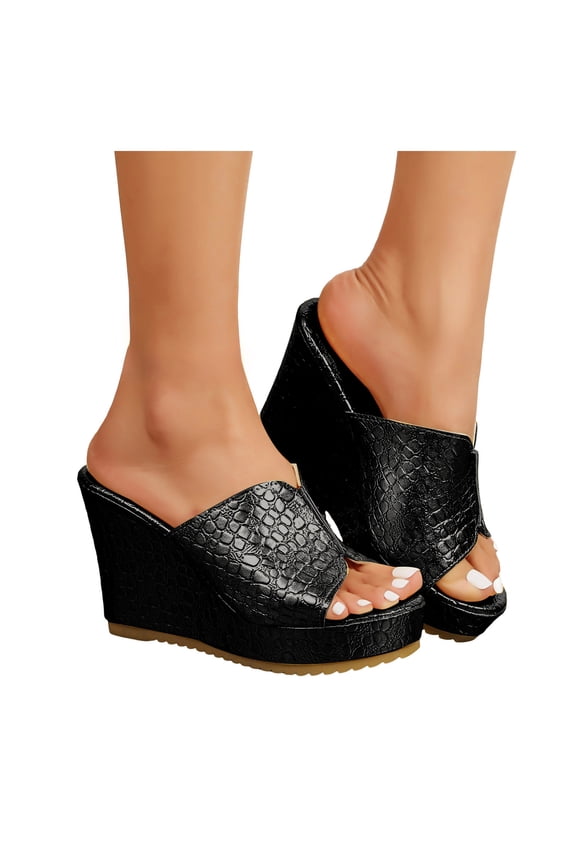 Women's Open Toe Leather Wedge Mules Comfortable Backless Non Slip Dress Platform Sandals Lightweight Slides Black Size 6